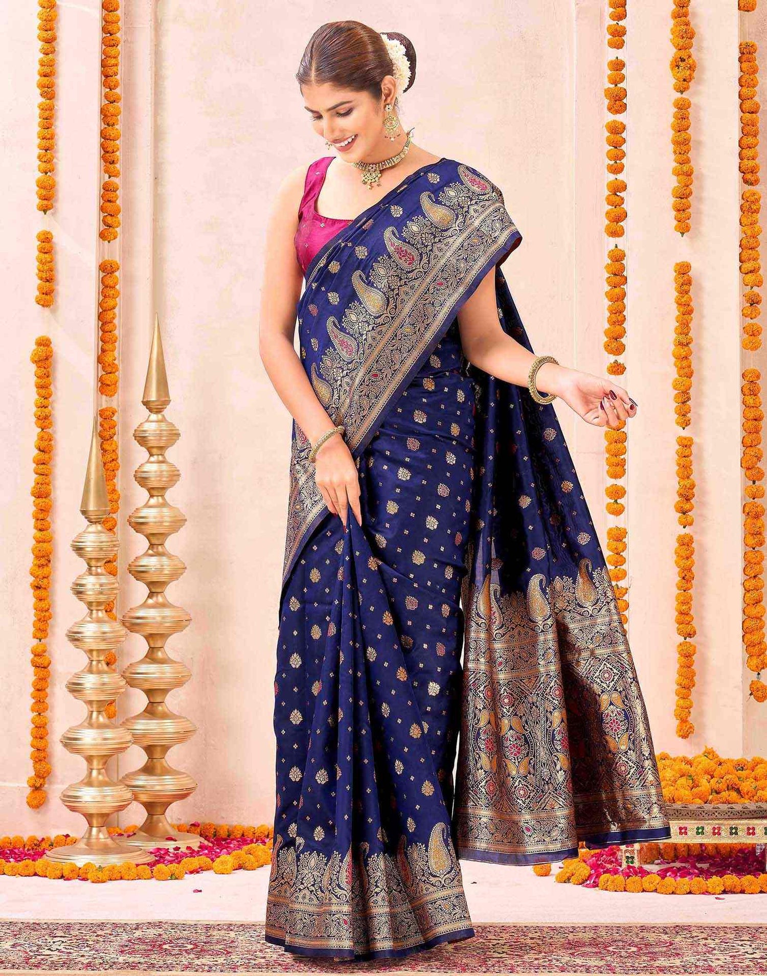 Navy Blue Silk Woven Banarasi Saree