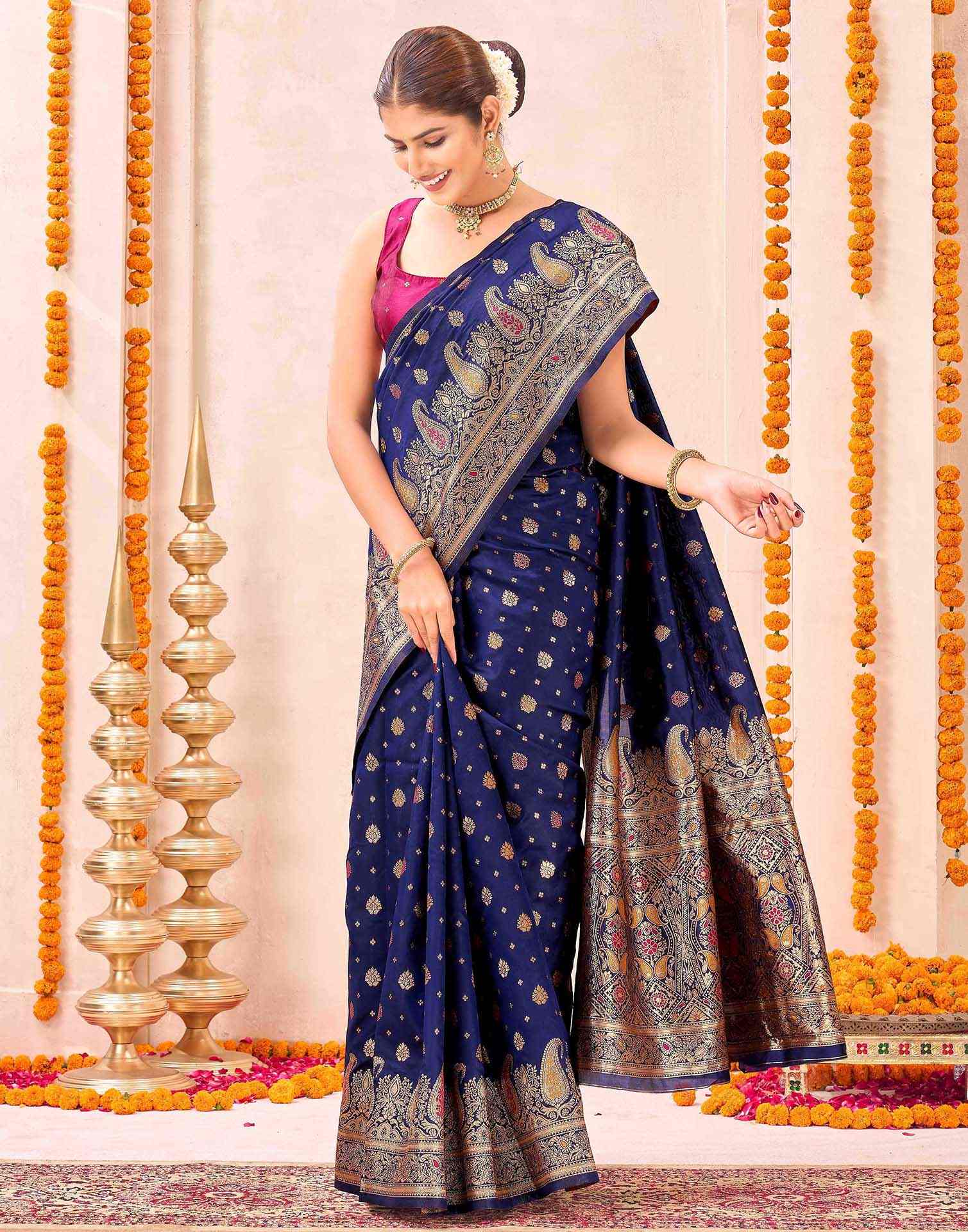 Navy Blue Silk Woven Banarasi Saree