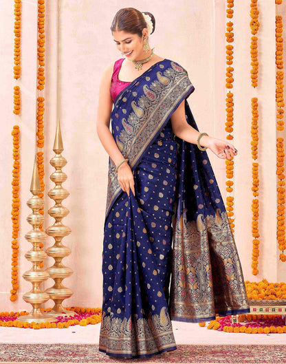 Navy Blue Silk Woven Banarasi Saree