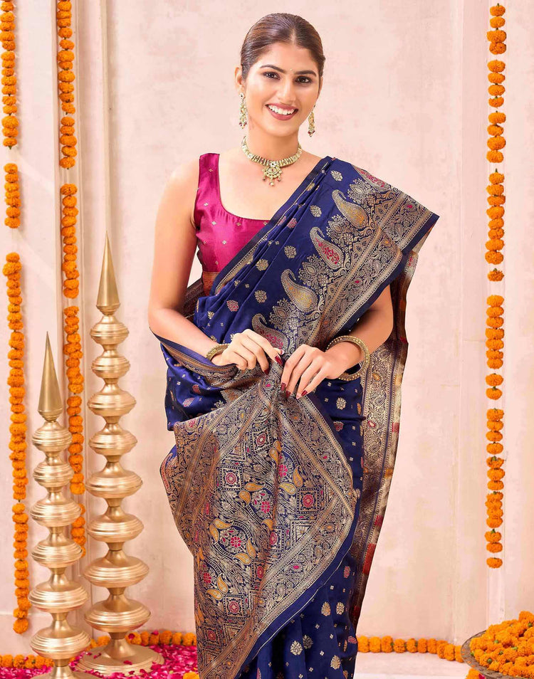Navy Blue Silk Woven Banarasi Saree