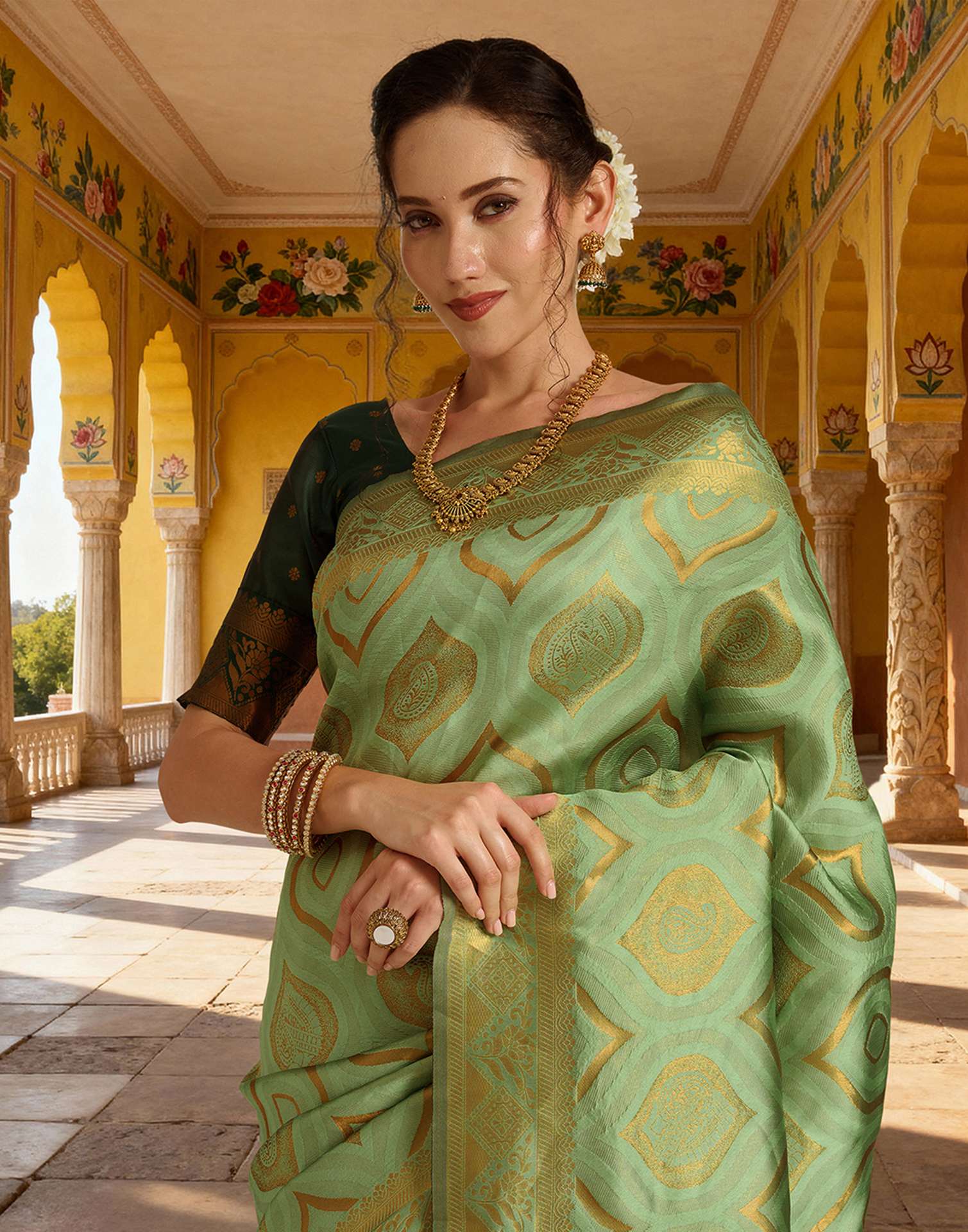 Pista Green Silk Woven Saree