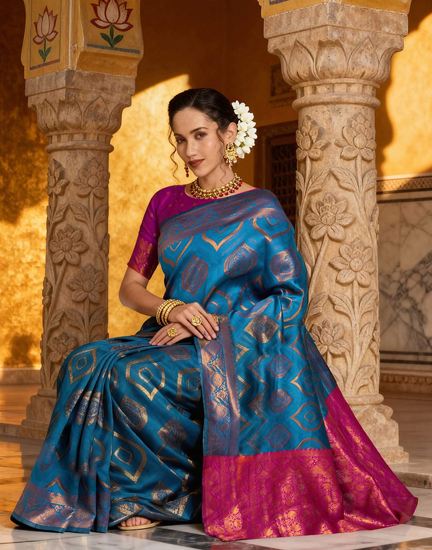 Rama Blue Silk Woven Saree