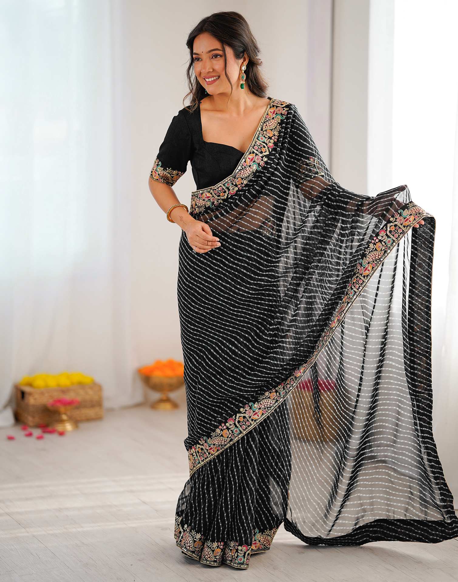 Black Georgette Printed Laheriya Saree