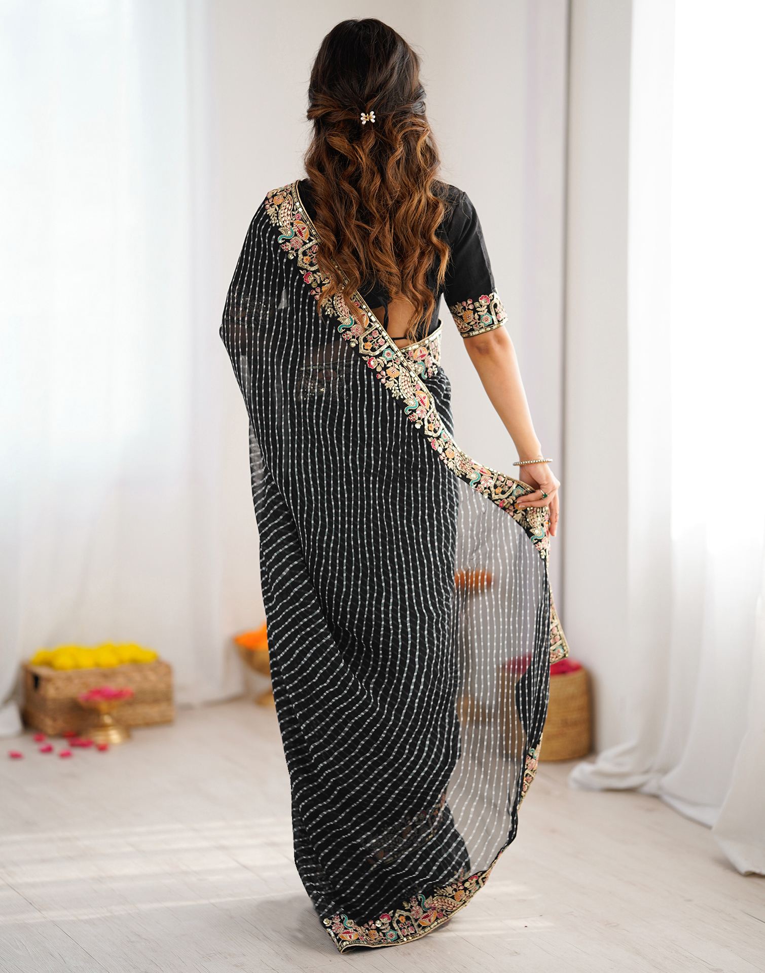 Black Georgette Printed Laheriya Saree