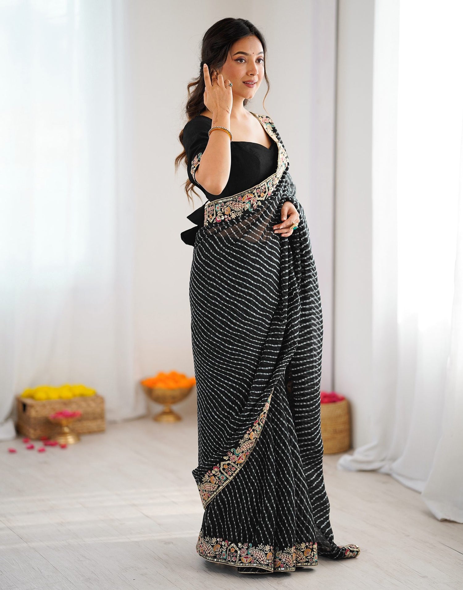 Black Georgette Printed Laheriya Saree