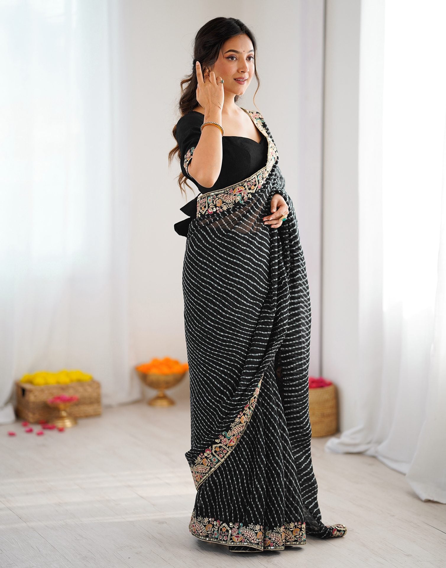 Black Georgette Printed Laheriya Saree