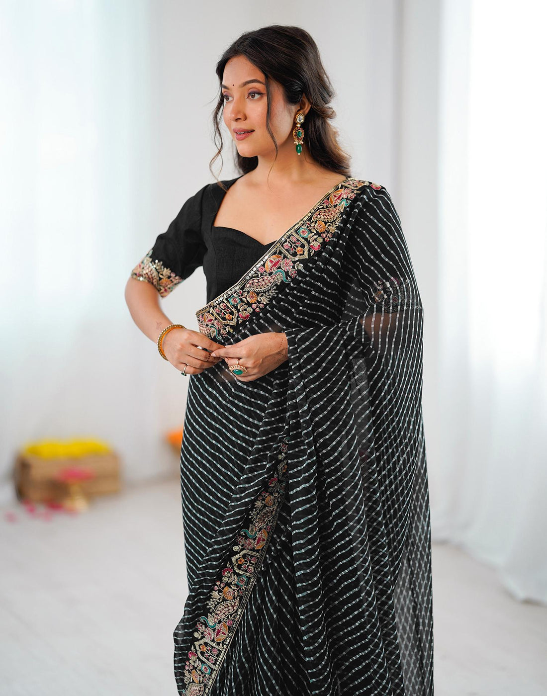 Black Georgette Printed Laheriya Saree