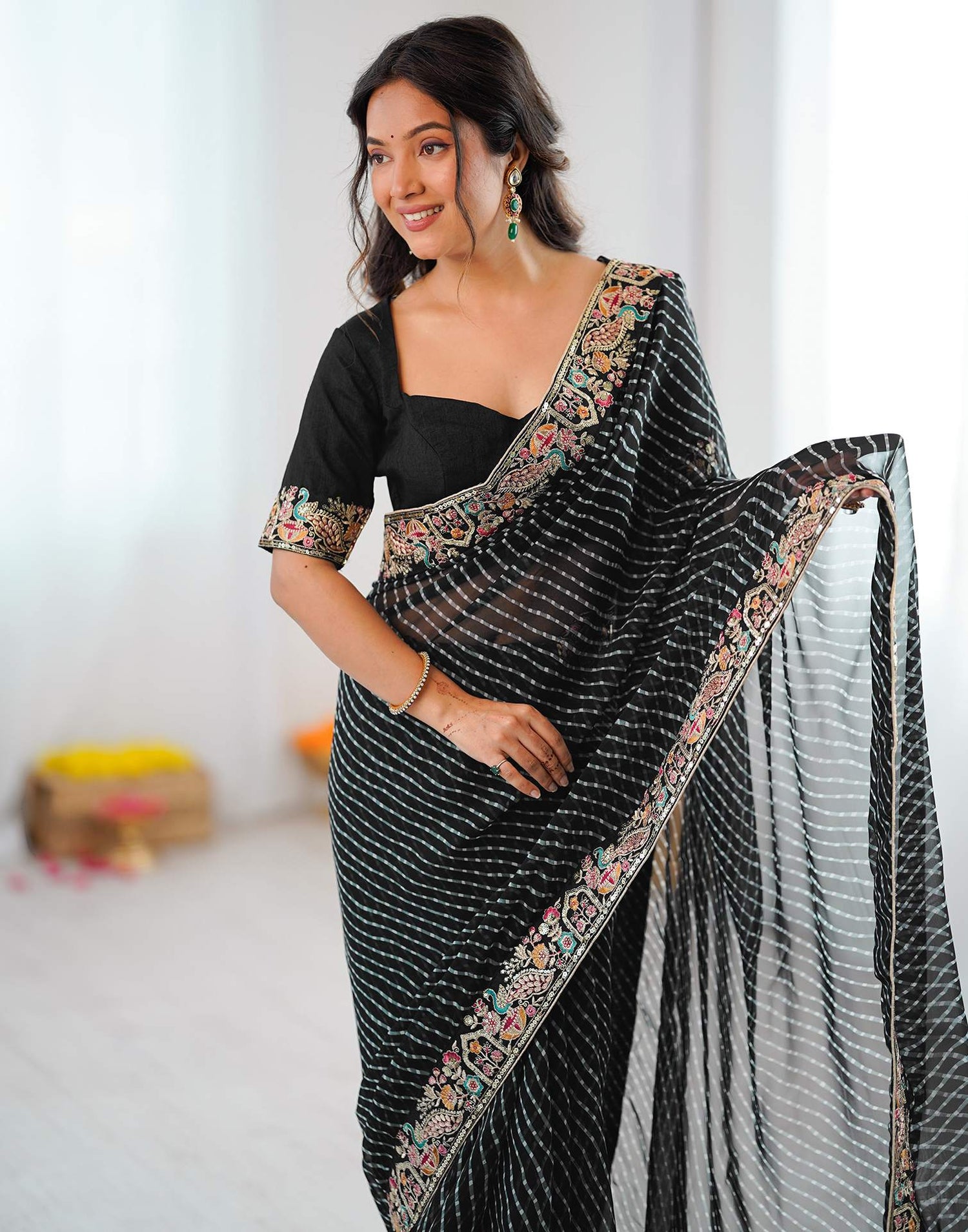 Black Georgette Printed Laheriya Saree