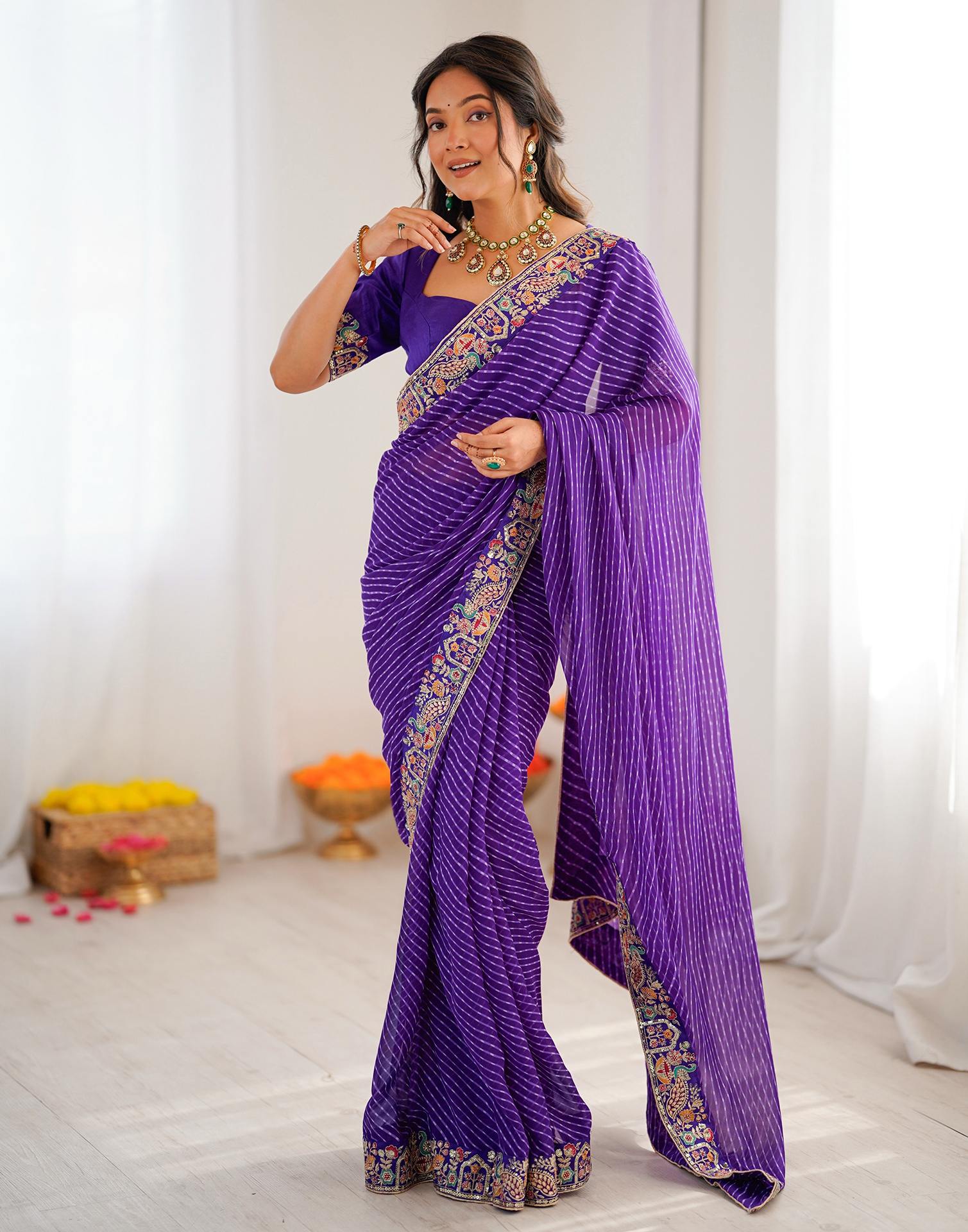 Purple Georgette Printed Laheriya Saree