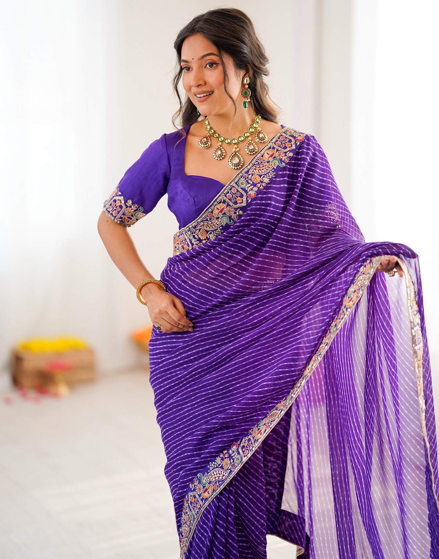 Purple Georgette Printed Laheriya Saree