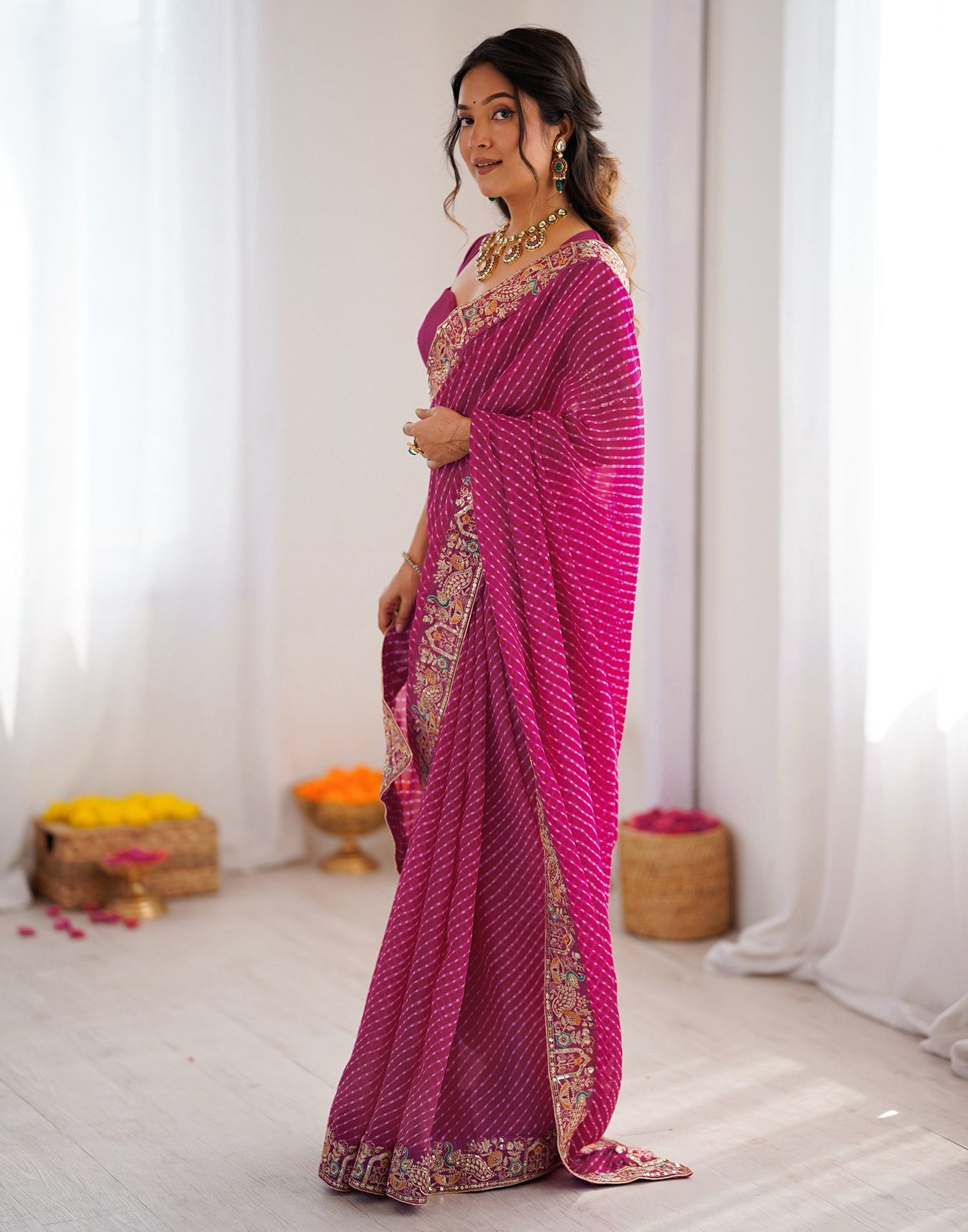 Pink Georgette Printed Laheriya Saree