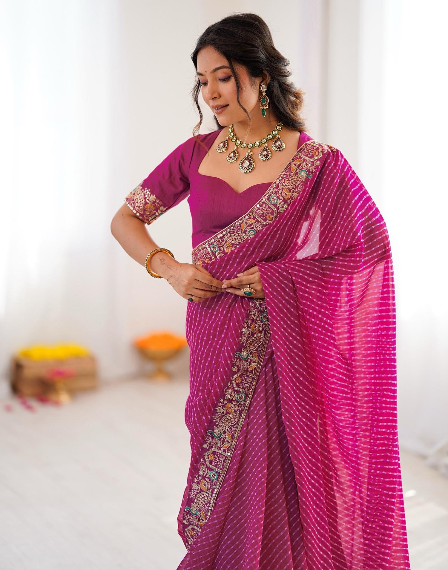 Pink Georgette Printed Laheriya Saree