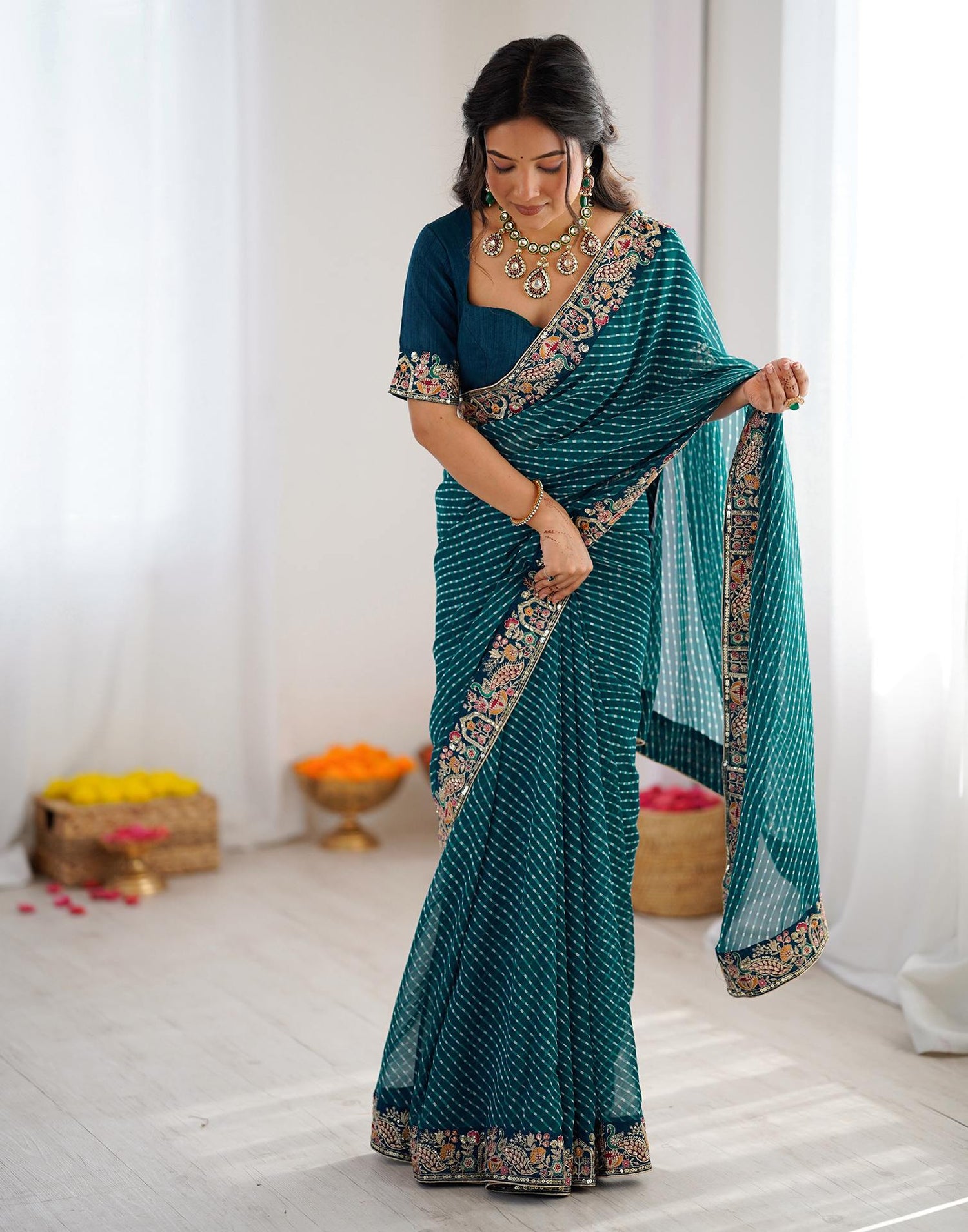 Teal Blue Georgette Printed Laheriya Saree