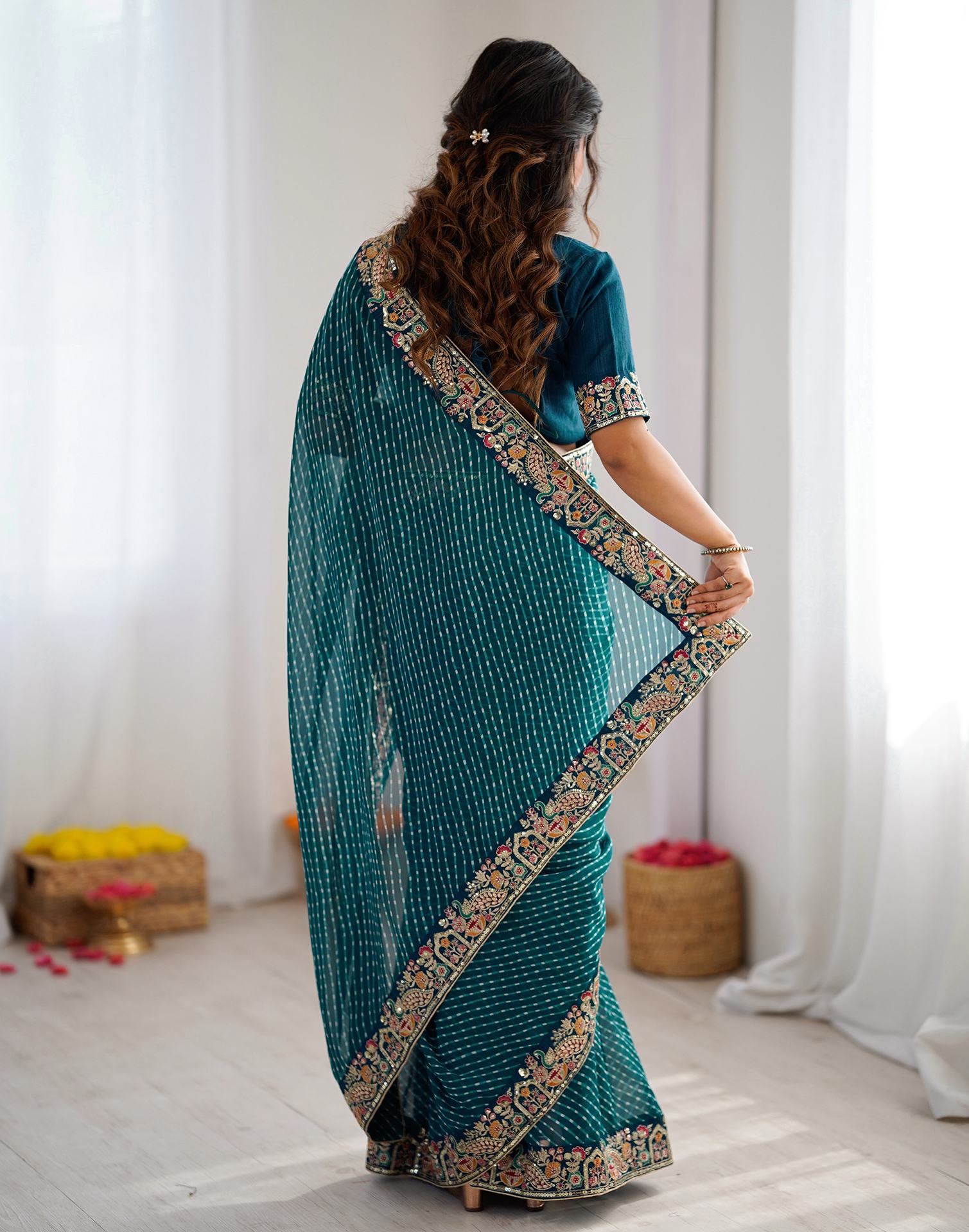 Teal Blue Georgette Printed Laheriya Saree