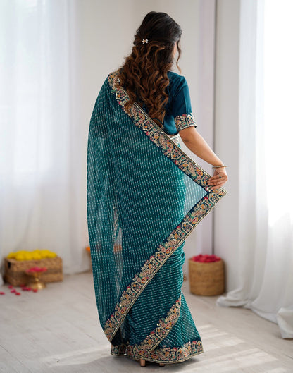 Teal Blue Georgette Printed Laheriya Saree