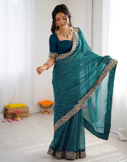 Teal Blue Georgette Printed Laheriya Saree