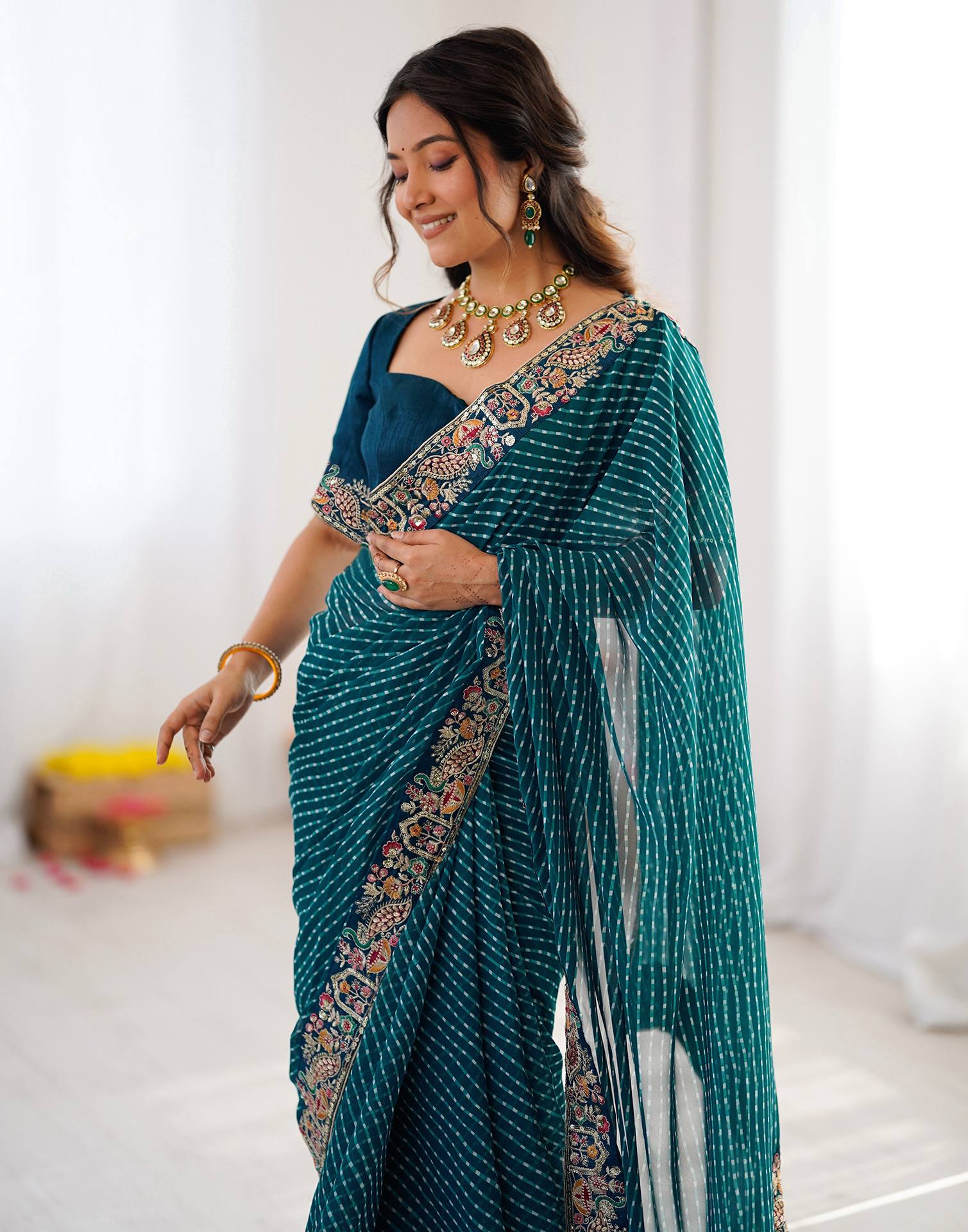 Teal Blue Georgette Printed Laheriya Saree
