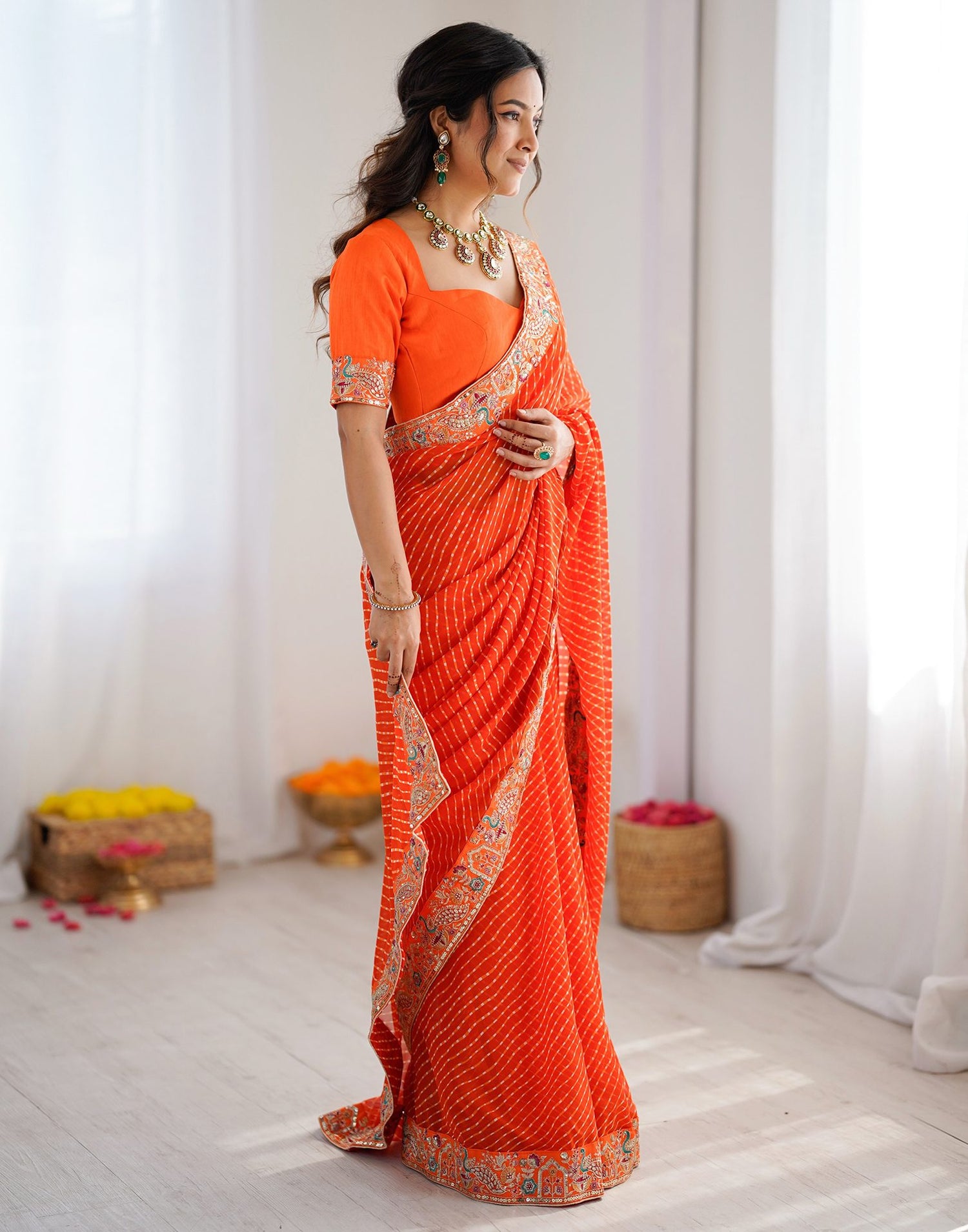 Orange Georgette Printed Laheriya Saree