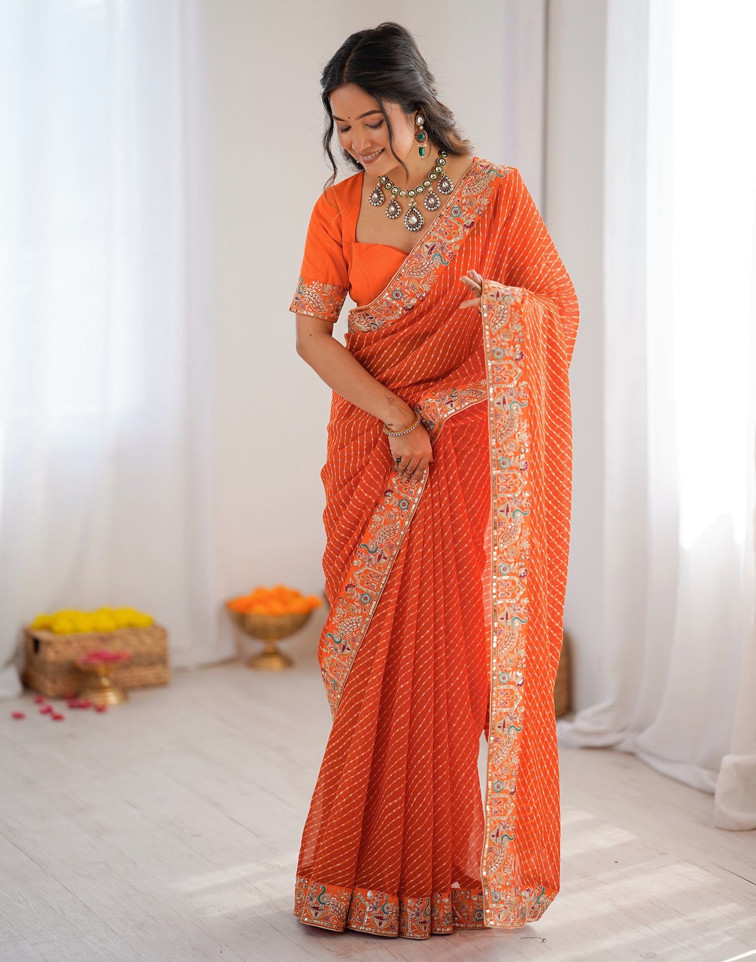 Orange Georgette Printed Laheriya Saree