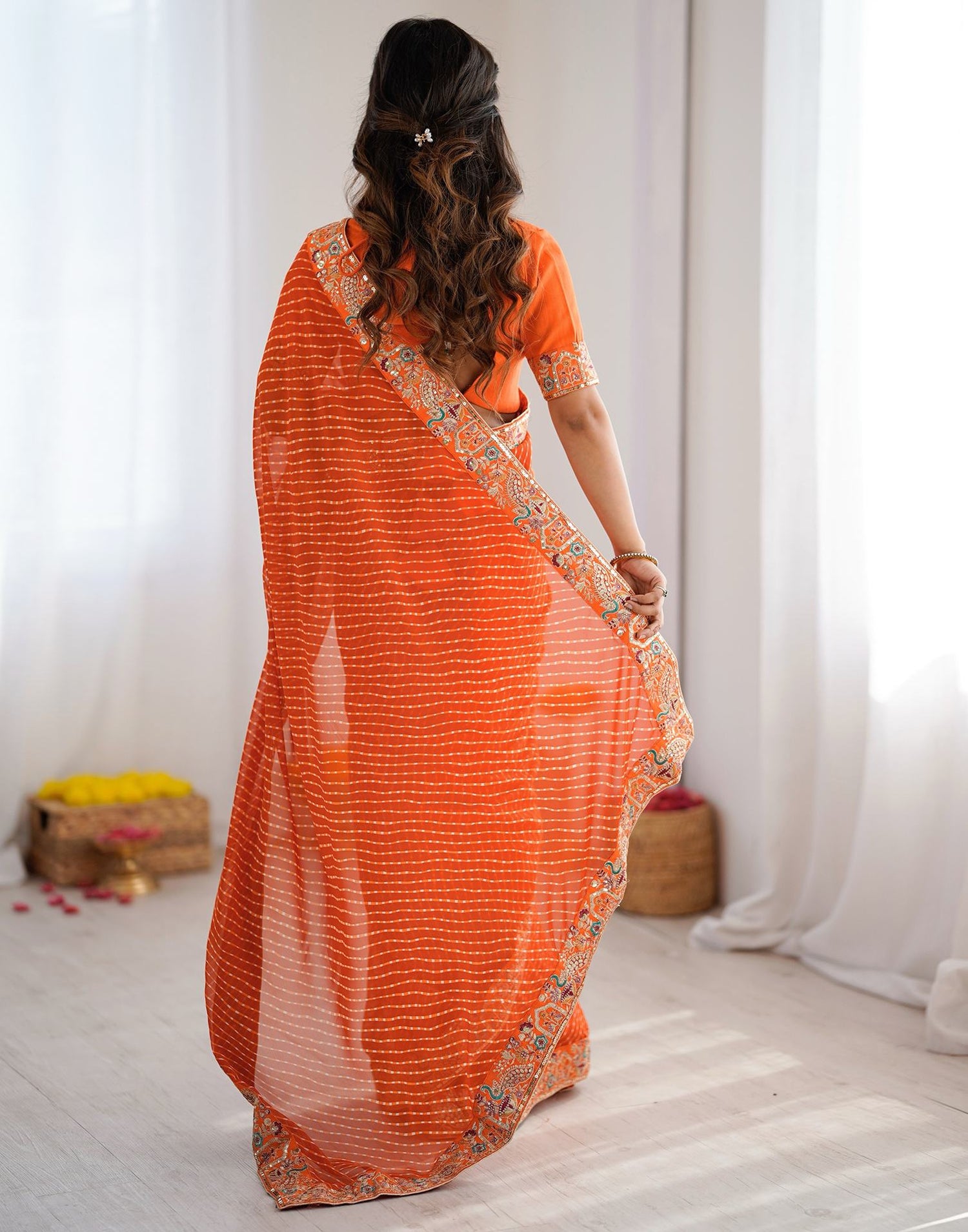 Orange Georgette Printed Laheriya Saree