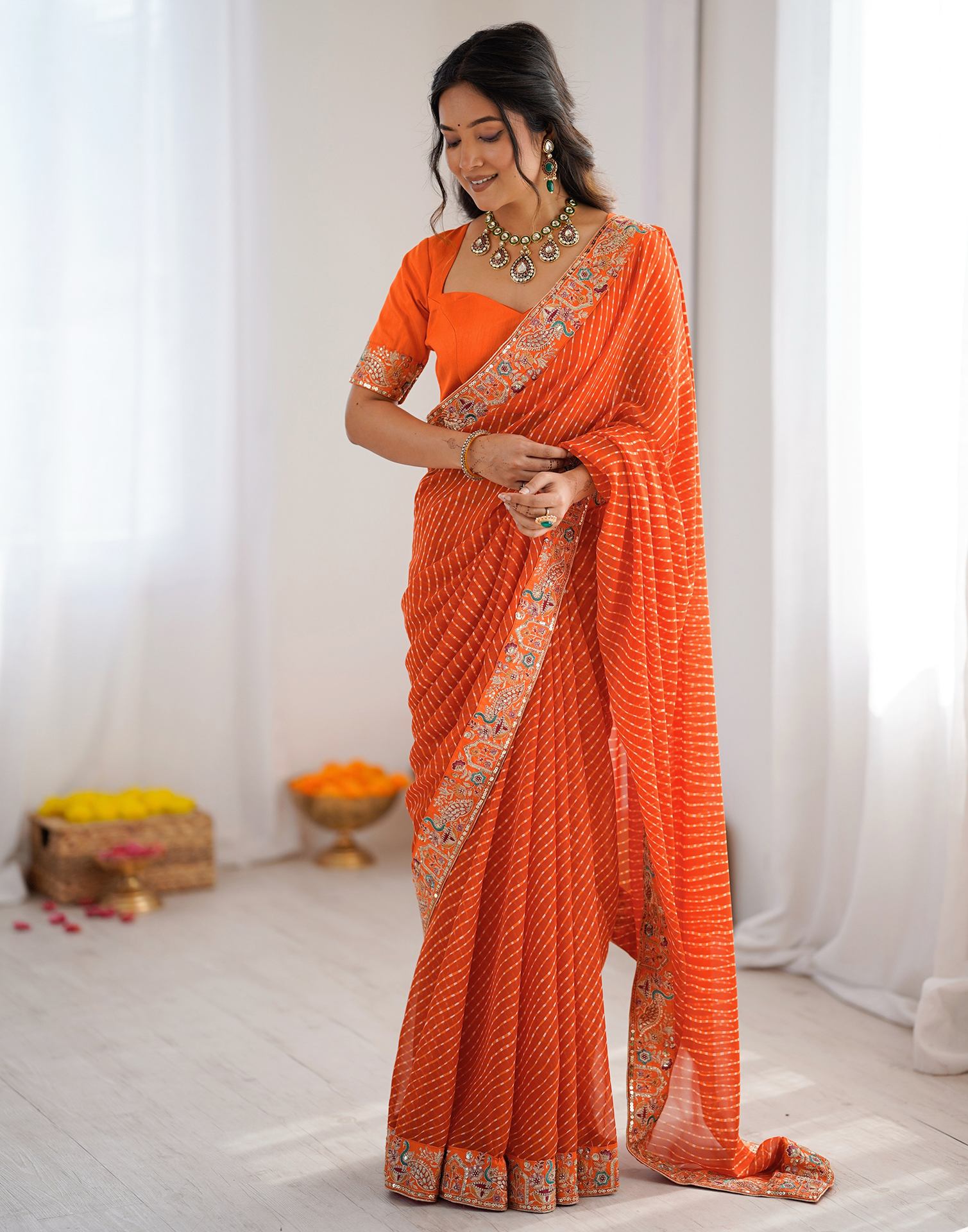 Orange Georgette Printed Laheriya Saree