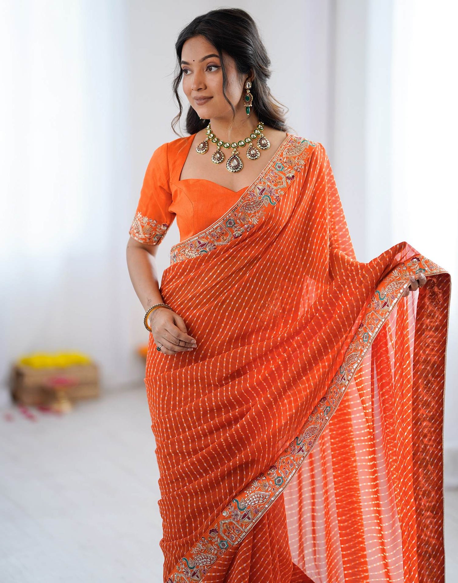 Orange Georgette Printed Laheriya Saree