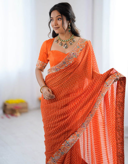 Orange Georgette Printed Laheriya Saree