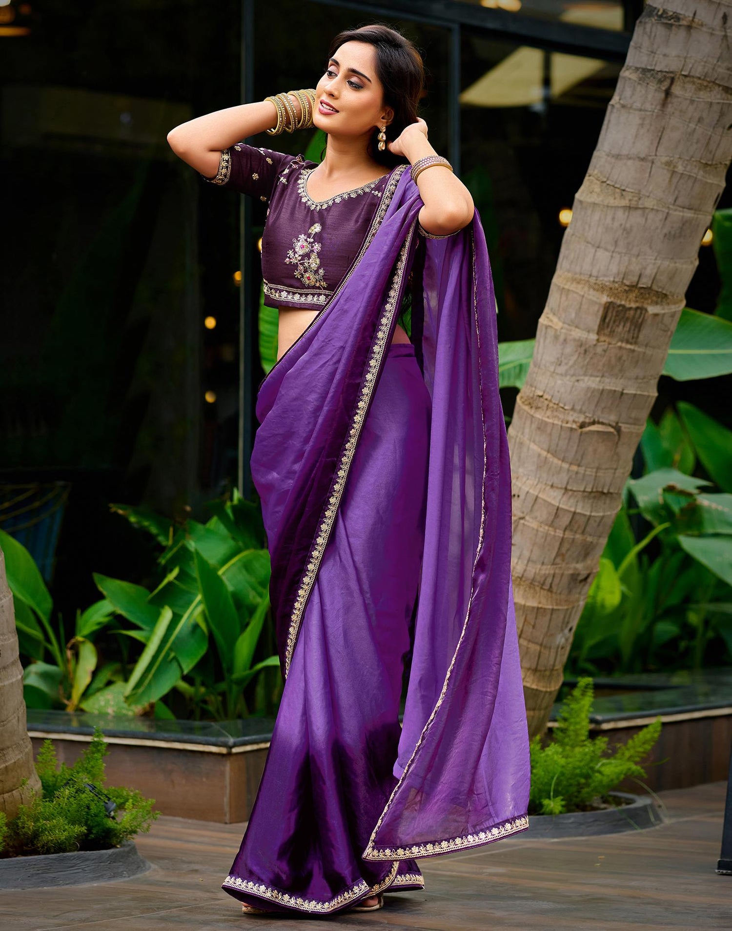 Purple Tissue Silk Lace Saree