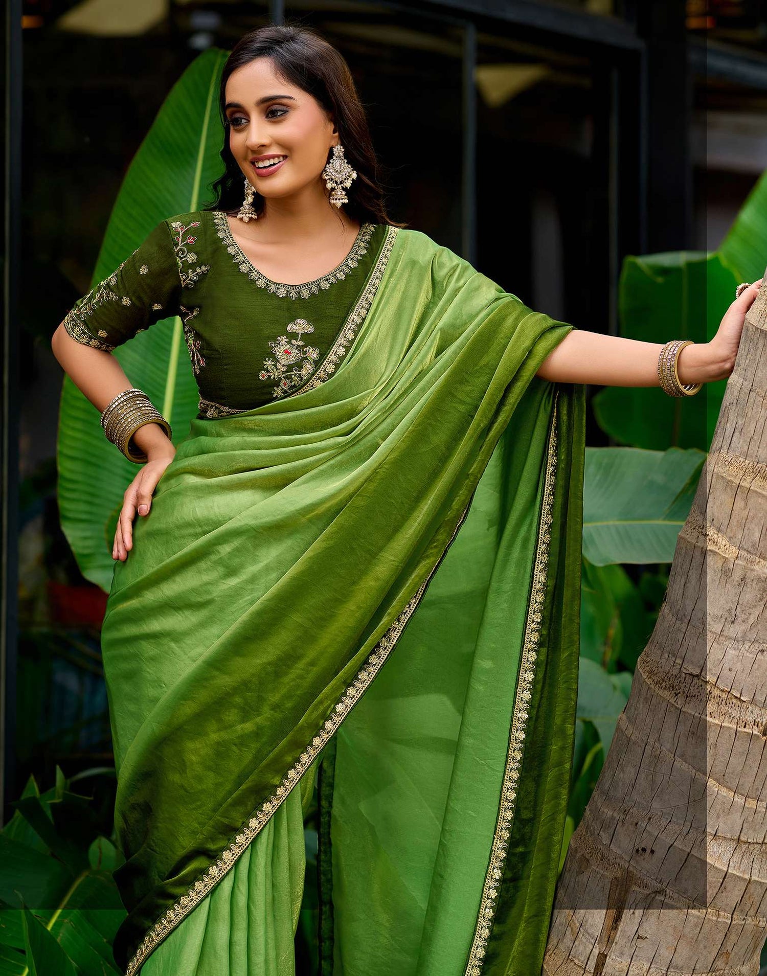 Light Green Tissue Silk Lace Saree