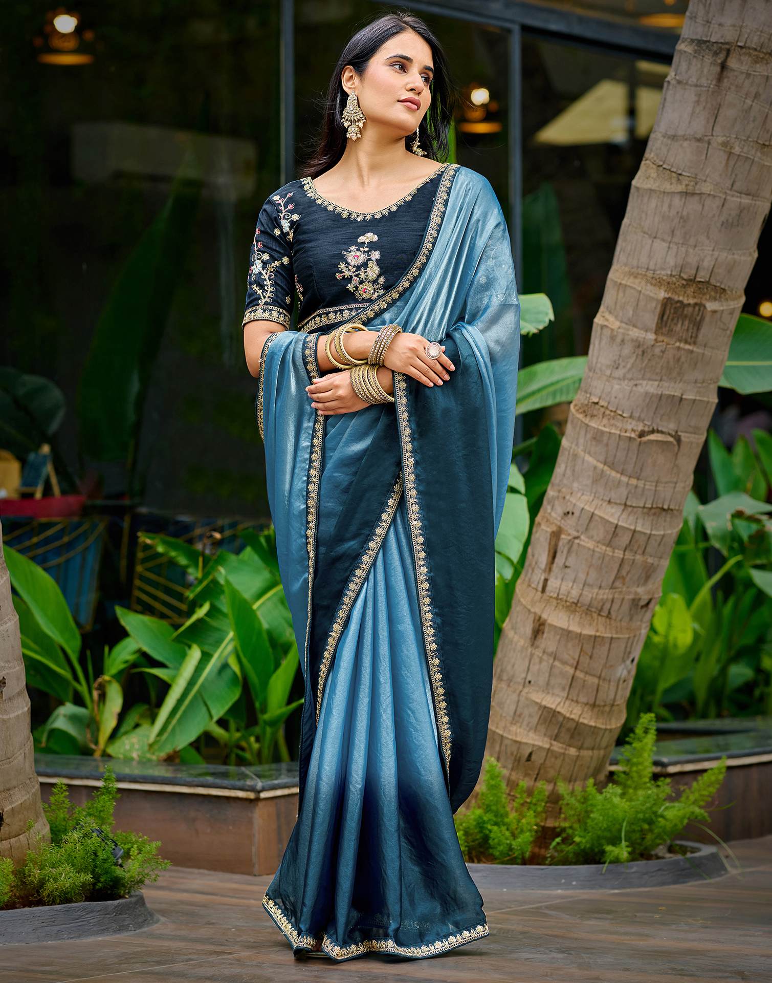 Light Teal Blue Tissue Silk Lace Saree