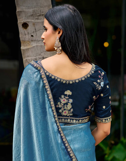 Light Teal Blue Tissue Silk Lace Saree