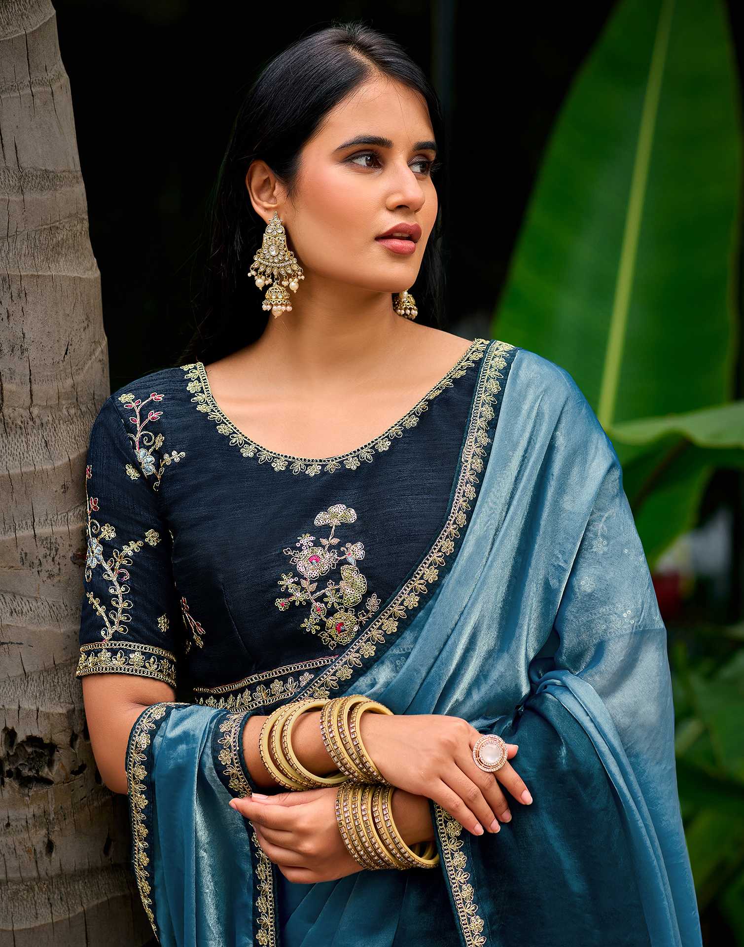 Light Teal Blue Tissue Silk Lace Saree