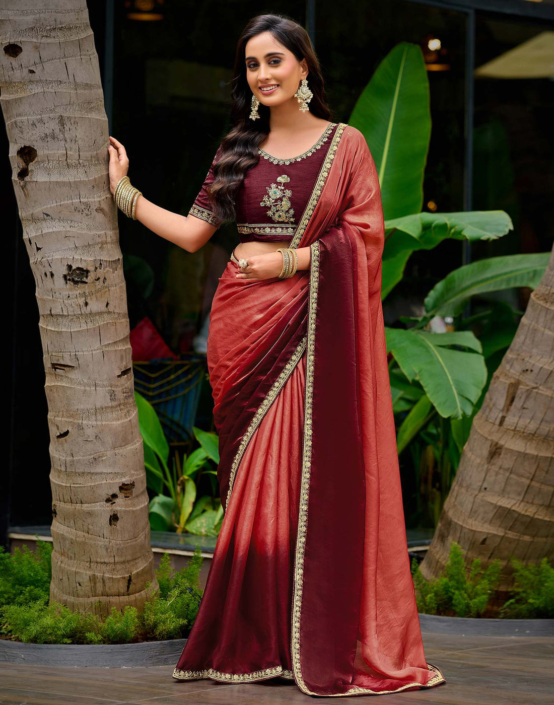 Maroon Tissue Silk Lace Saree