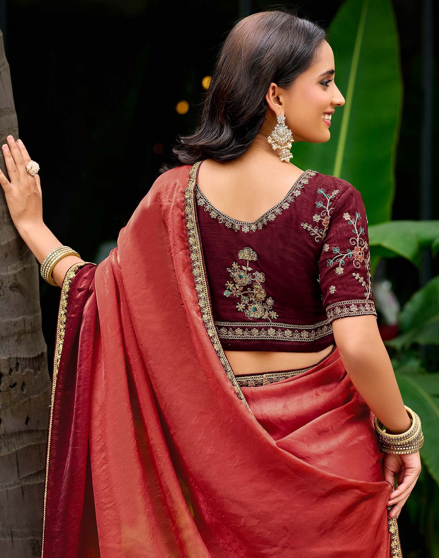Maroon Tissue Silk Lace Saree