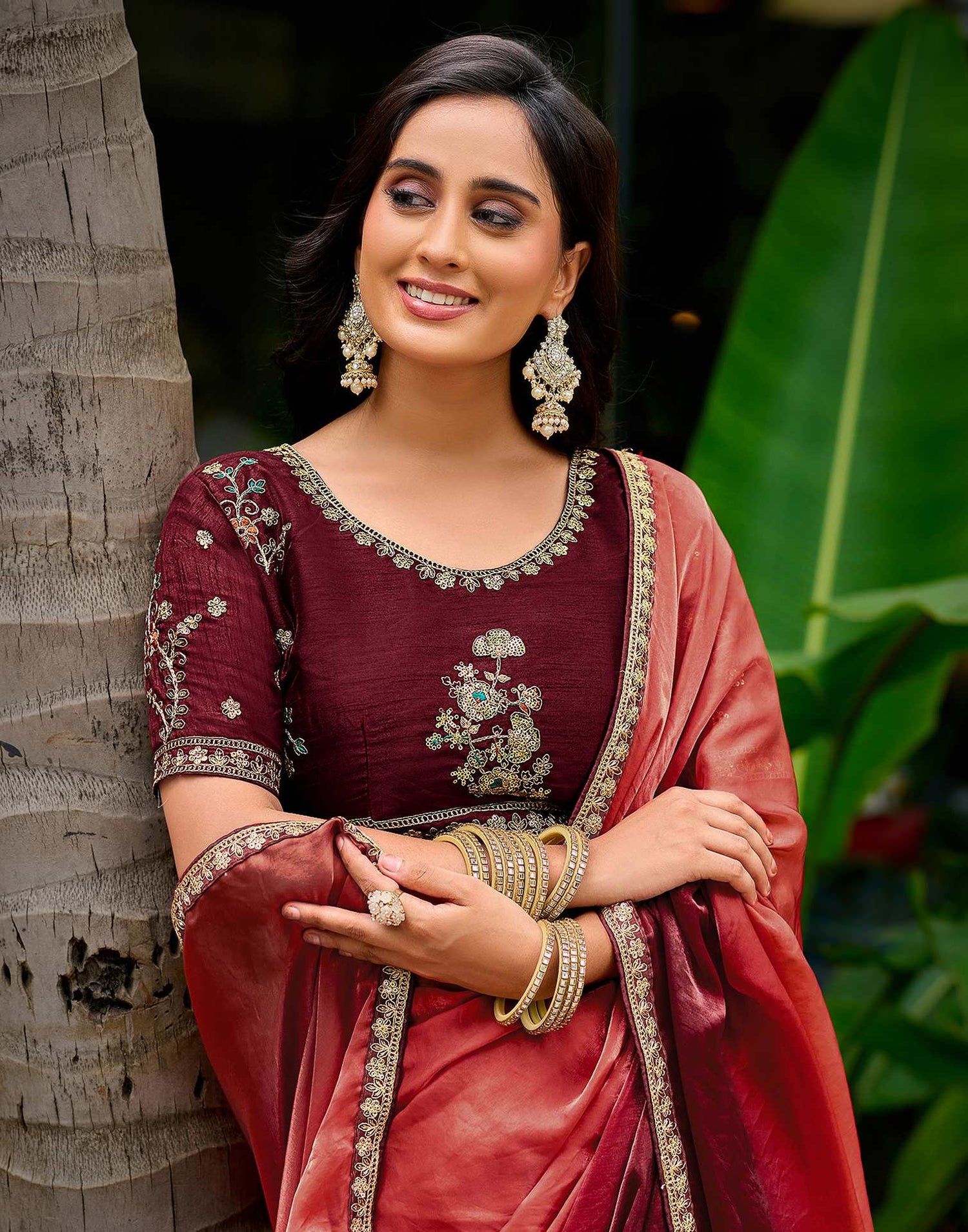 Maroon Tissue Silk Lace Saree