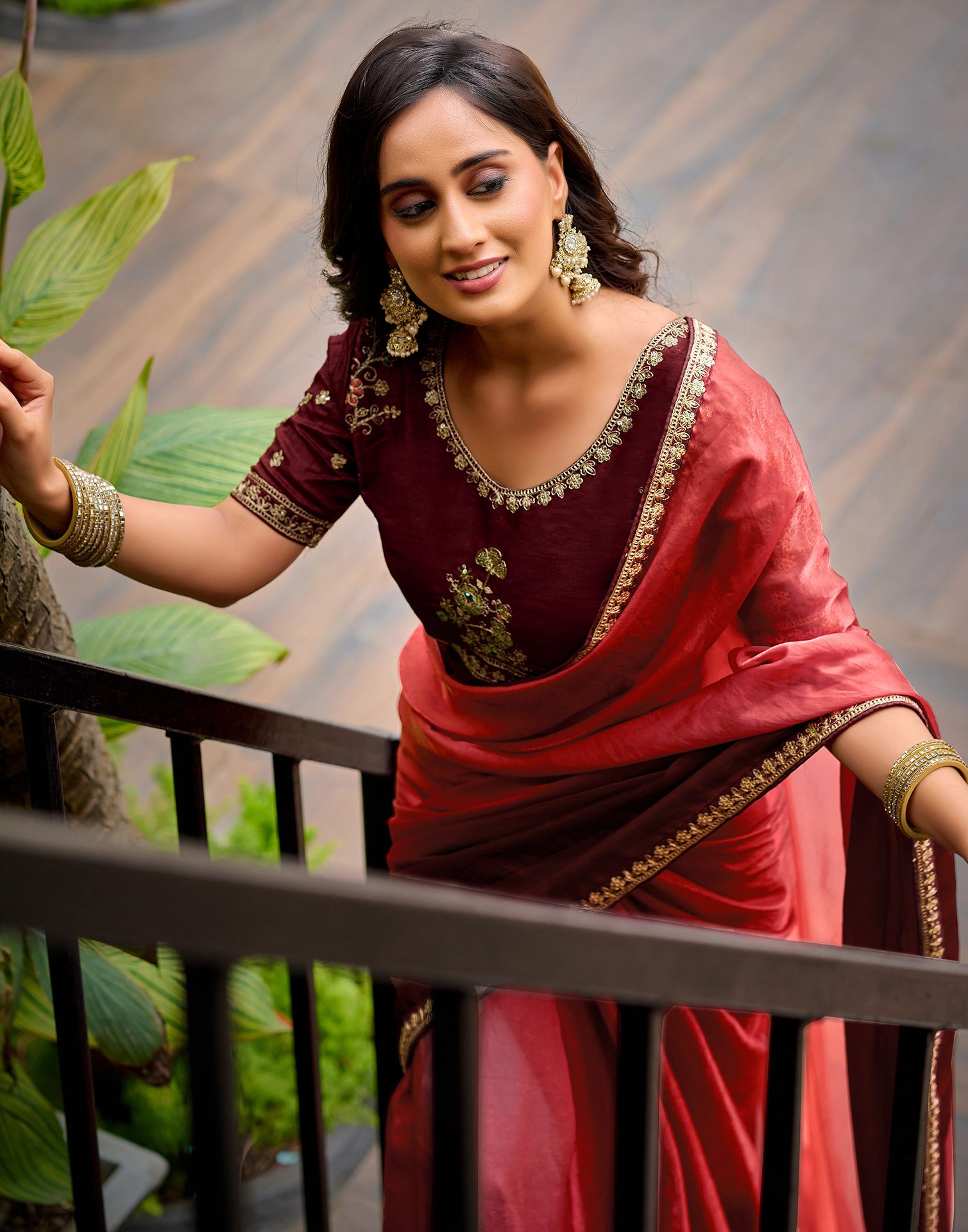 Maroon Tissue Silk Lace Saree