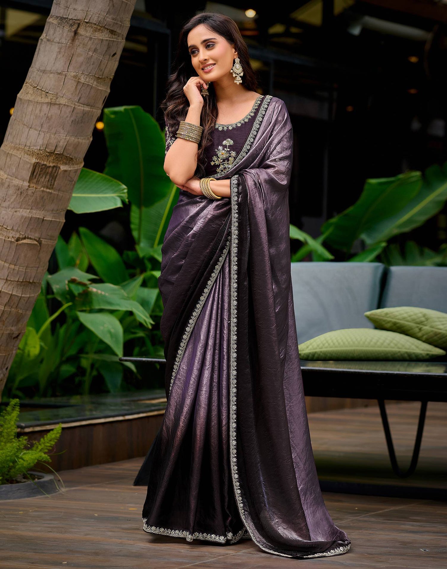 Dusty Purple Tissue Silk Lace Saree