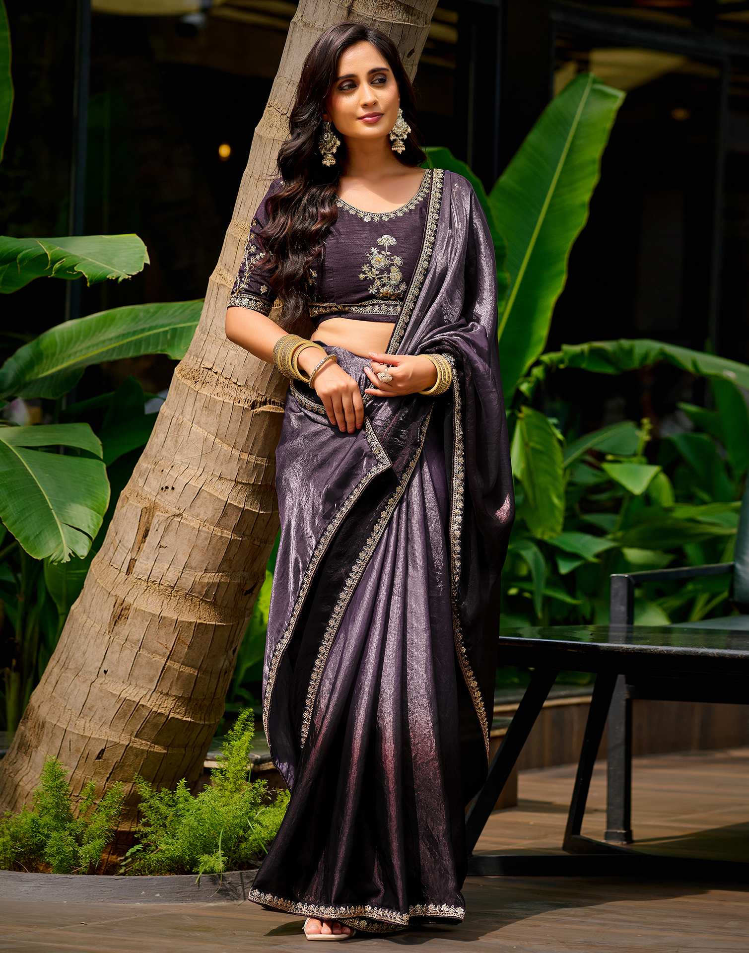 Dusty Purple Tissue Silk Lace Saree