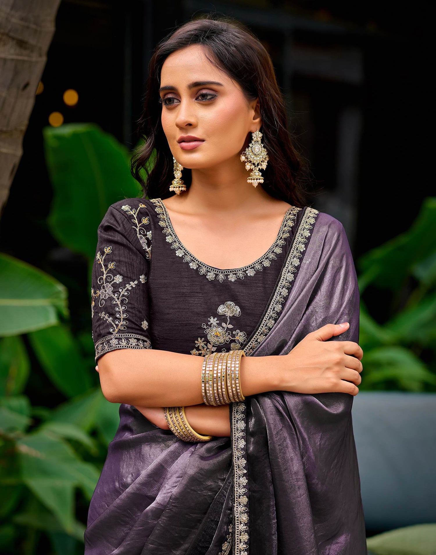 Dusty Purple Tissue Silk Lace Saree