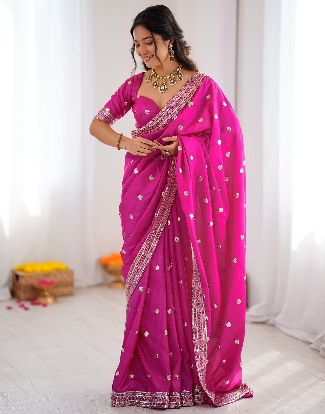 Pink Silk Sequence Embroidery Saree