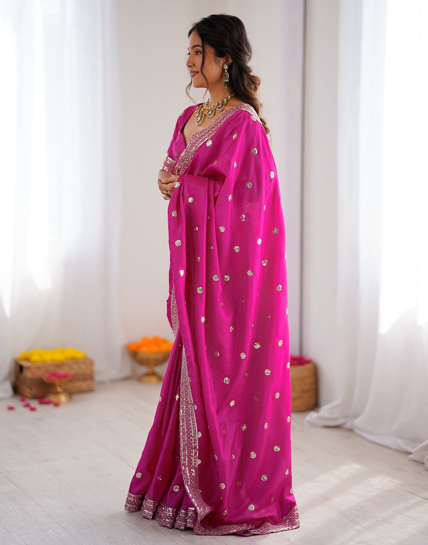 Pink Silk Sequence Embroidery Saree