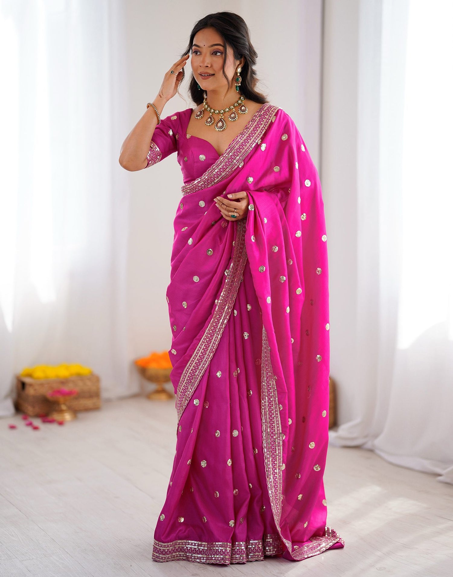 Pink Silk Sequence Embroidery Saree