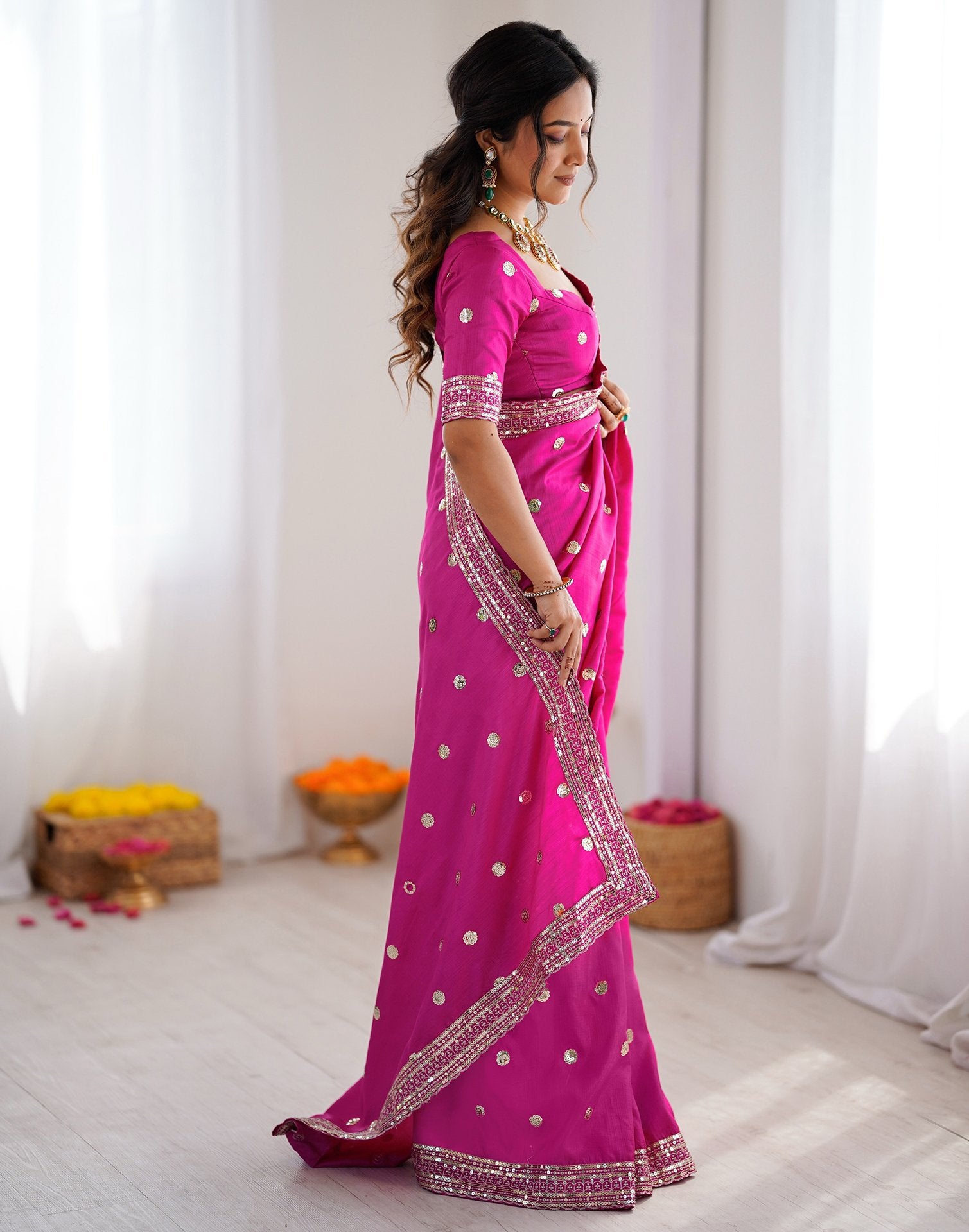 Pink Silk Sequence Embroidery Saree