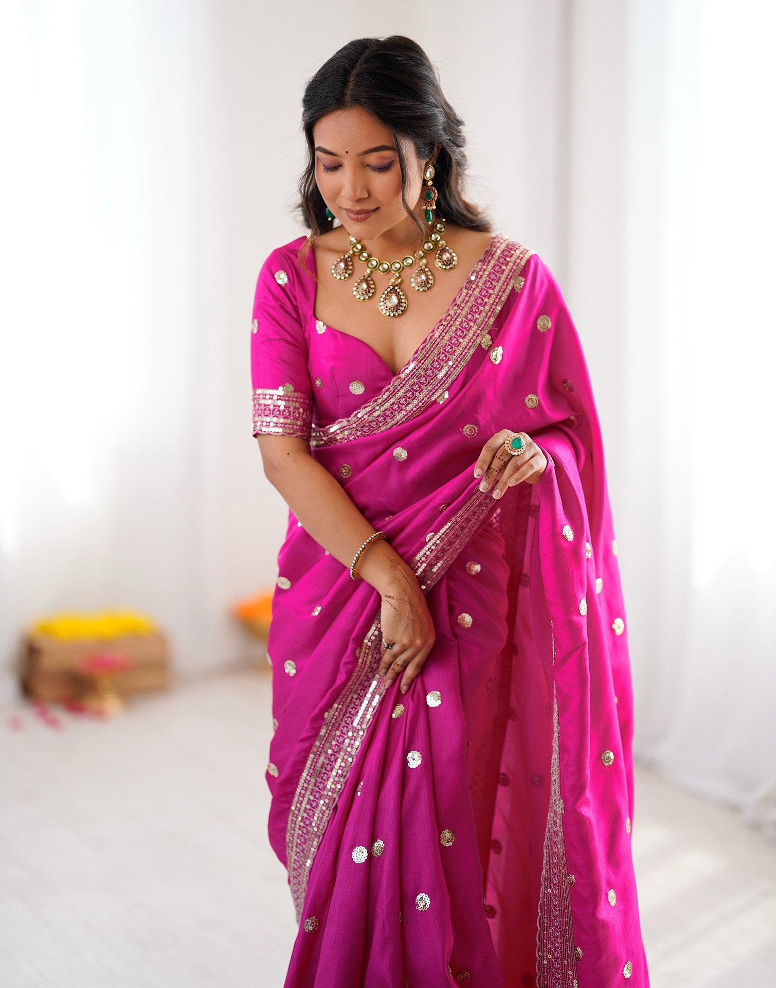Pink Silk Sequence Embroidery Saree