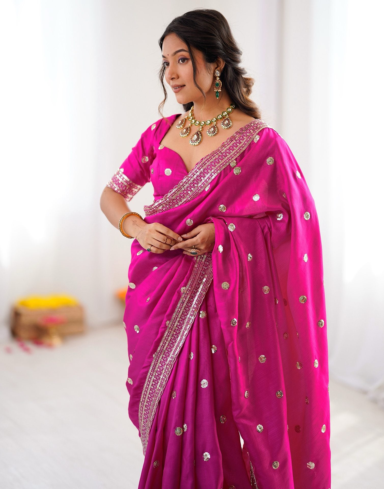 Pink Silk Sequence Embroidery Saree