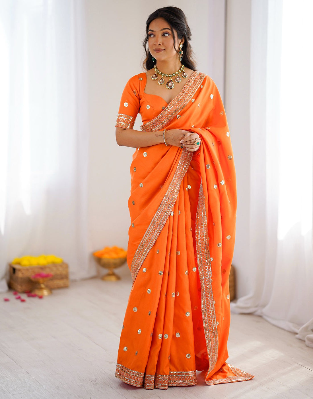 Orange Silk Sequence Embroidery Saree