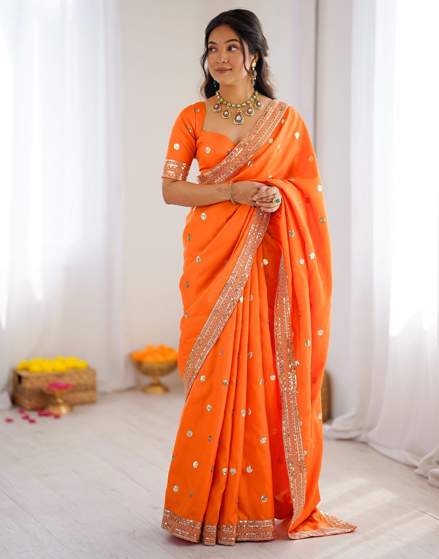 Orange Silk Sequence Embroidery Saree