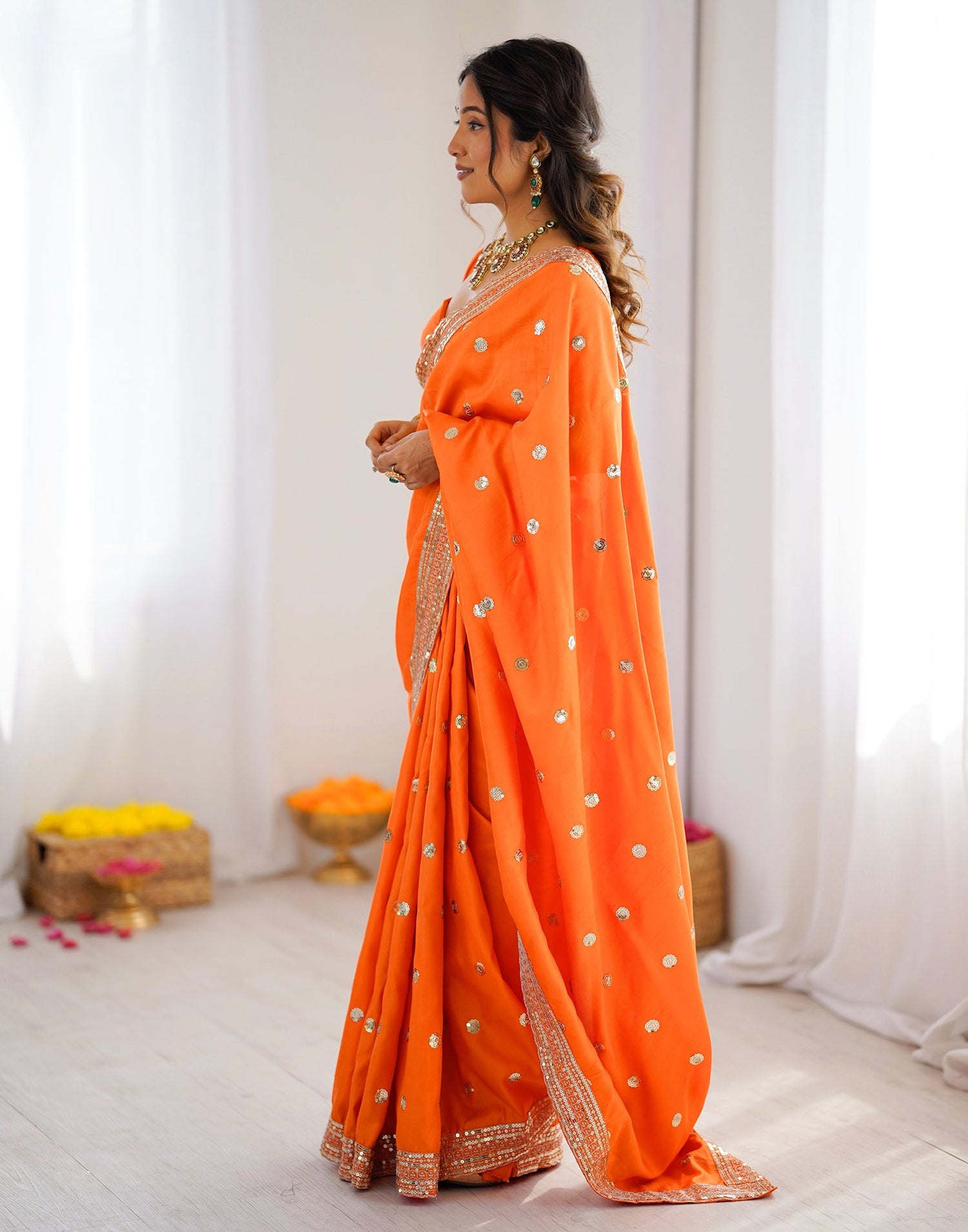 Orange Silk Sequence Embroidery Saree