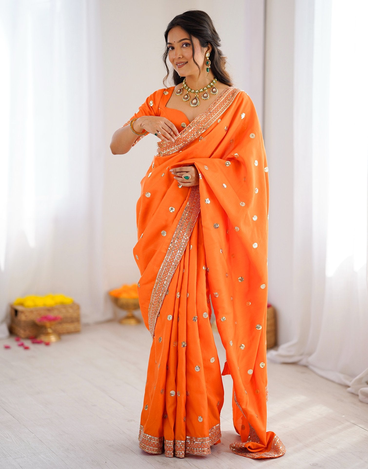 Orange Silk Sequence Embroidery Saree