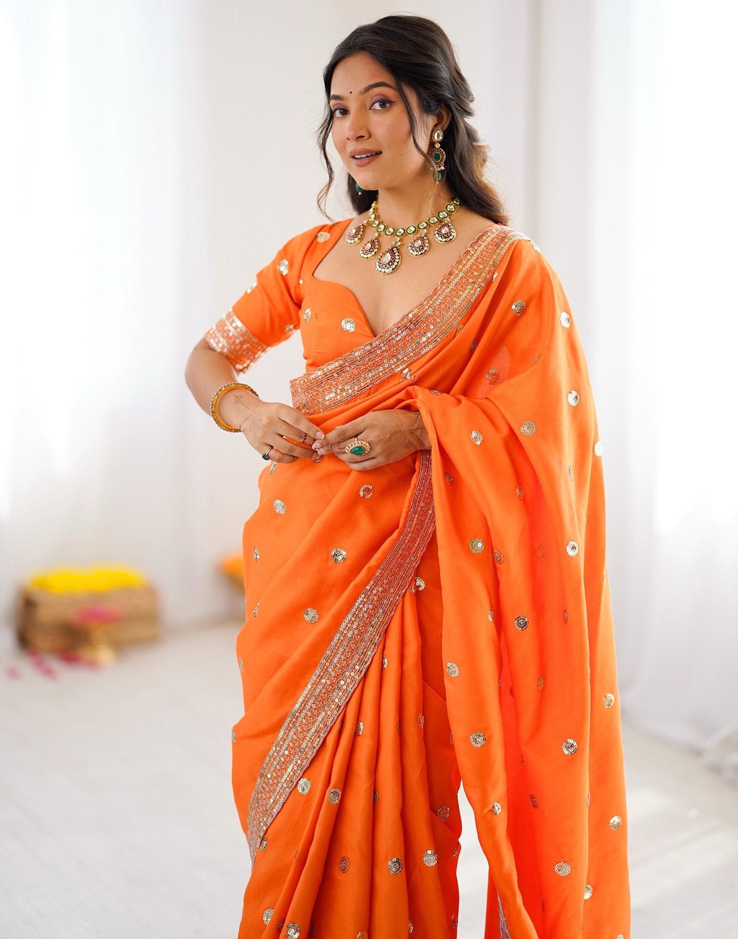 Orange Silk Sequence Embroidery Saree